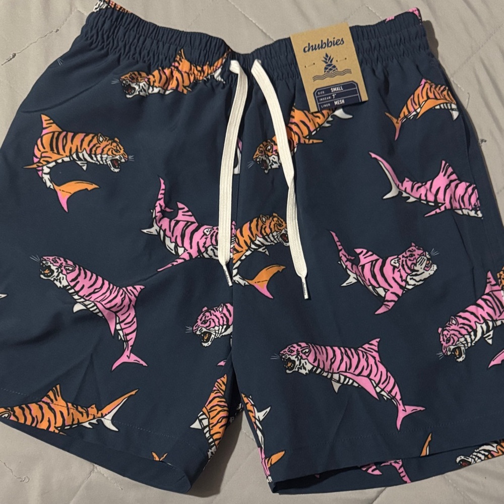New Chubbies Navy Swim Shorts with Pink & Orange Tiger Sharks small